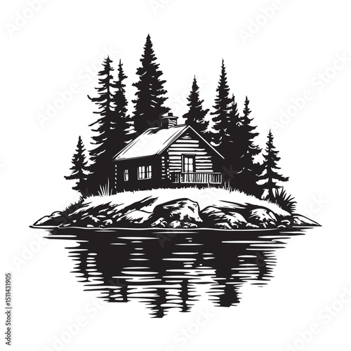 Log cabin surrounded by lake with view of water image vector isolated on white background