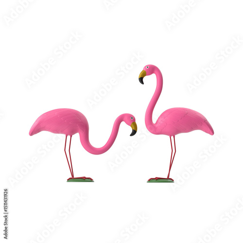 Two Pink Plastic Flamingo Garden Lawn Ornaments Isolated on Transparent Background
