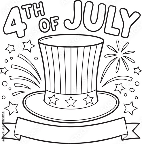 4th of July Celebration with Fireworks and Hat – Independence Day Festive Coloring Page, Independence Day Celebration, Festive 4th of July Coloring Page with Fireworks