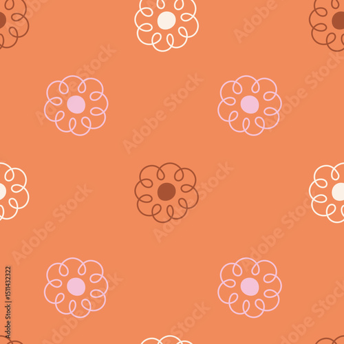 Creative Doodle Flowers Seamless Pattern. Simple cozy floral background with scribble blossoms on orange layout. Repeat vector illustration