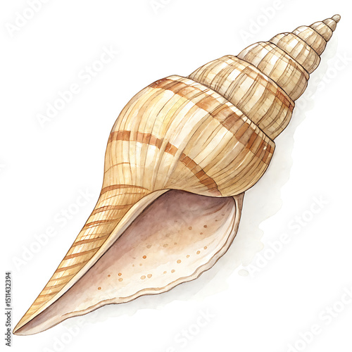 Auger Shell Illustration in Cream and Brown Tones, Nature Artwork, Fine Ribbed Texture