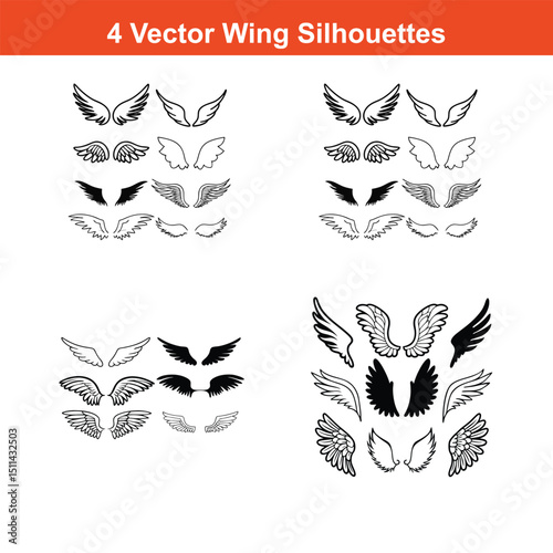 Wings icons set on transparent background. Angel wings icon vector set. Editable wings vector, wings angle, black and white, hawk wings,