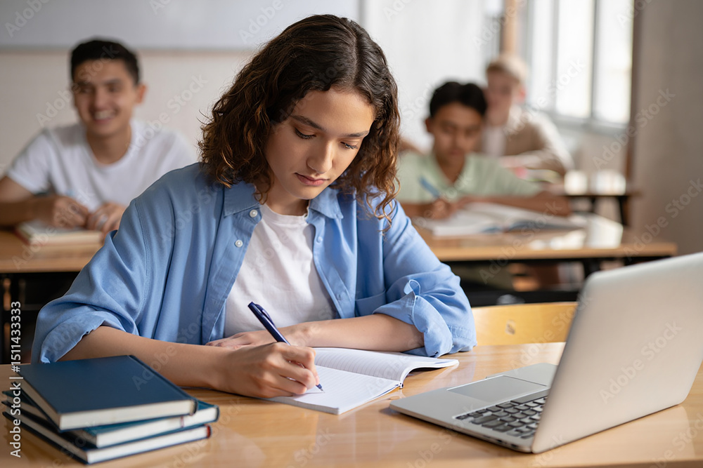 Focused female student studying in classroom with laptop Focused female student studying in classroom with laptop