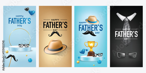 Father’s Day Greeting Card Set with Hat, Mustache, Glasses, and Trophy in Minimalist Blue and Brown Tones for Celebration Posters and Social Media Background