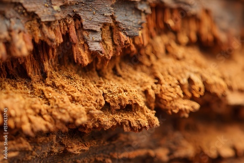 Macro shot of aged wood bark in shades of brown and orange, revealing intricate textures and details. The natural patterns and textures of the bark create a captivating and visually appealing image