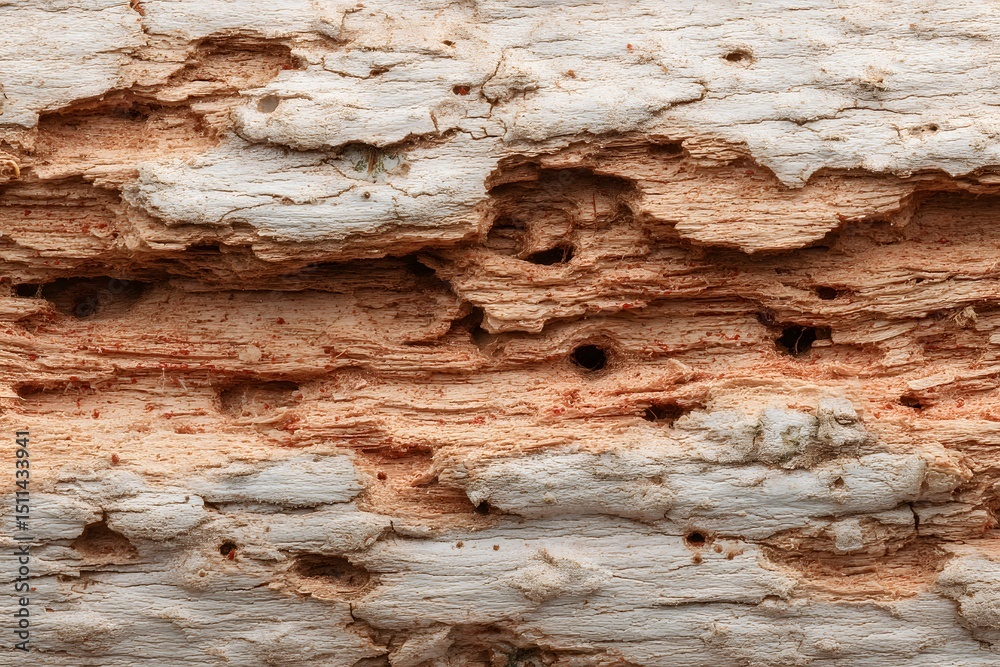 Fototapeta premium Detailed macro shot of weathered wood, showcasing intricate textures and the effects of natural processes. It reveals the beauty of aging and the unique patterns formed by time and elements