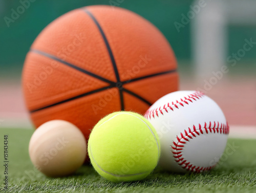 photographs showcasing various sports balls and their respective fields: an orange basketball on a b