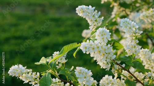 Tender delicate white lilac flowers are swaying in the wind. A flowering bush in a park. Copy space. Natural atmospheric background