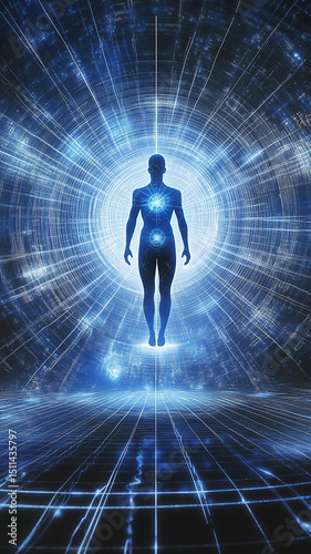 Abstract sacred geometry of  throat chakra, tones of blue and silver, energy radiating in concentric, human figure, cosmic background, light flowing through lines, surreal spiritual art, AI Generative