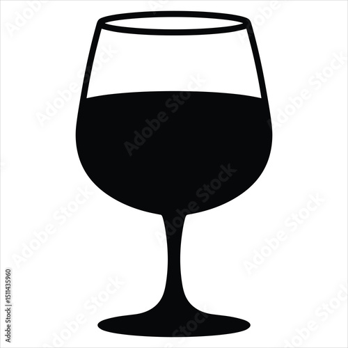 Black silhouette vector of a simple wine glass, optionally filled, with a smooth stem and rounded bowl 