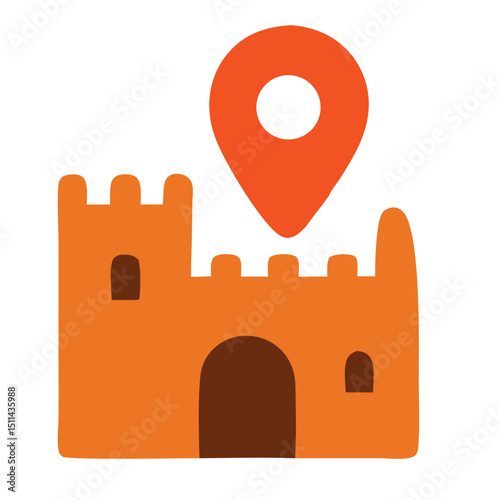 Castle Location Icon: A stylized icon featuring a medieval castle, topped with a vibrant location marker, ready to pinpoint historical landmarks and tourism spots.