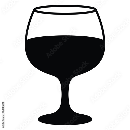 Black silhouette vector of a simple wine glass, optionally filled, with a smooth stem and rounded bowl 