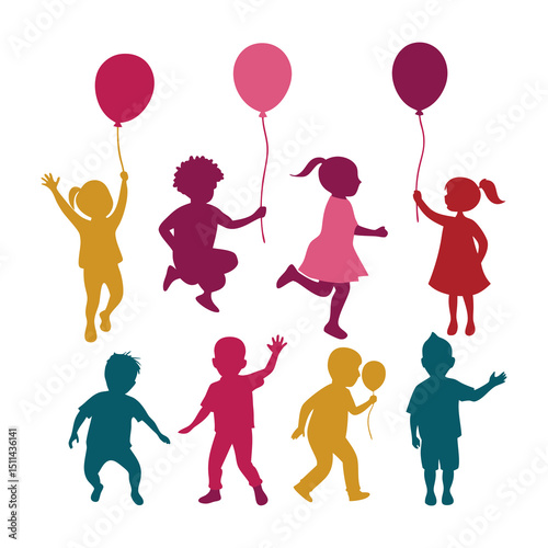 Colorful Children Silhouettes with Balloons