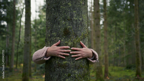 A woman's hands embrace a large tree trunk.