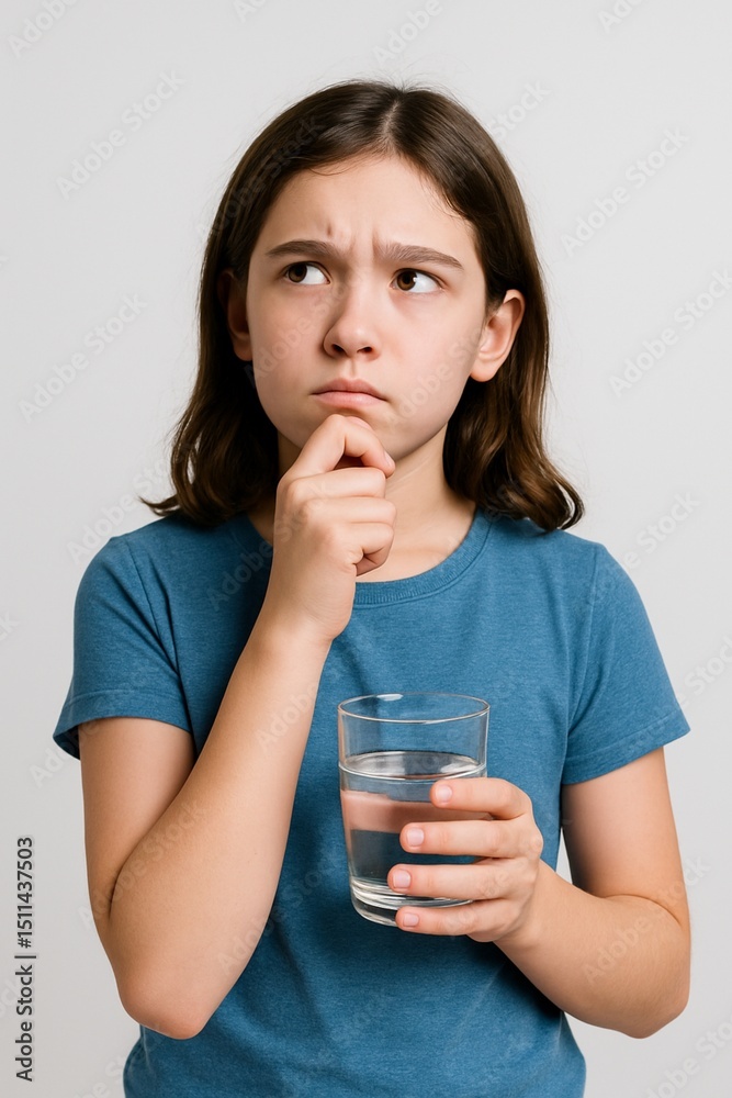 Pensive girl holding a glass of water, with an expression of doubt. Concept of hydration, health, choices, and drinking water quality.
Pensive girl holding a glass of water, with an expression of doubt. Concept of hydration, health, choices, and drinking water quality.