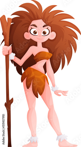 Cartoon Cavewoman with Club. Primitive Woman, Cavegirl, Stone Age Girl Character.
