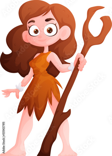 Cartoon Stone Age Girl with a Wooden Club, Prehistoric Era Character Illustration