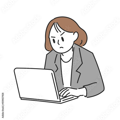 真剣な女性のパソコン作業イラスト