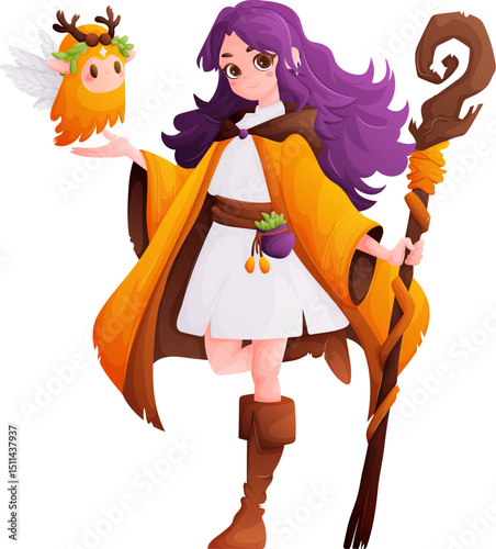 Forest Witch with Fairy Companion and Wooden Staff. A Cartoon Character Illustration