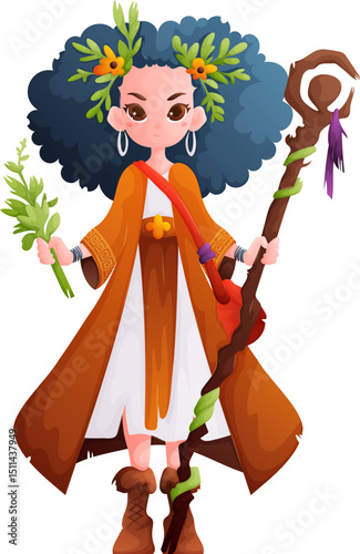 Cartoon Forest Priestess. Enchanting Character with Staff, Foliage, and Traditional Garb.