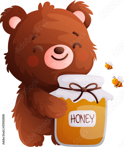 Cute Cartoon Bear Hugging a Jar of Honey with Flying Bees, Happy and Adorable. photo