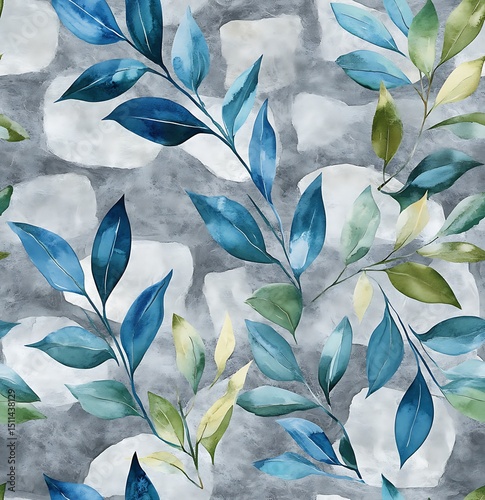 A batik fabric seamless pattern of blue and green leaves on a gray stone background