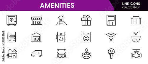 amenities facilities line icons, hotel parking restaurant park swimming pool, Vector illustration