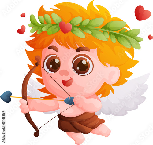 Cute Cupid Aiming an Arrow with Heart Tip, Adorable Valentines Day Character