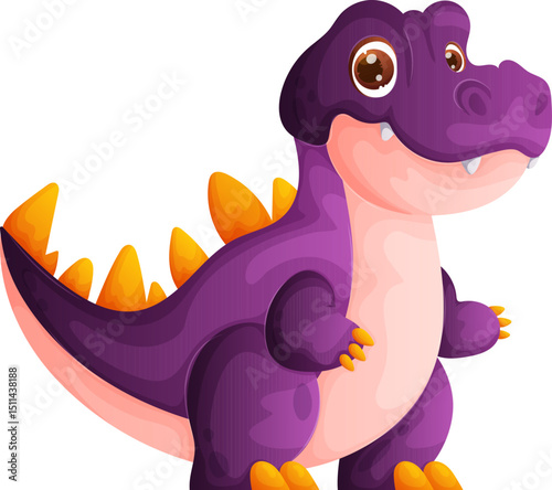 Cute Purple Baby Dinosaur Cartoon Character with Yellow Spikes, Isolated on White.