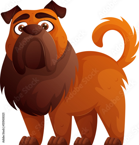 Cartoon Illustration of a Brown Dog with Wrinkled Face and Curled Tail,Isolated.