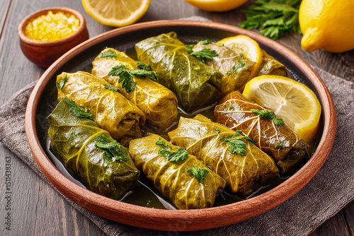 Greek dolma with lemon, shot from above photo