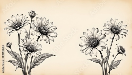 vintage botanical illustration with detailed sketches of daisies and their petals on a textured paper background