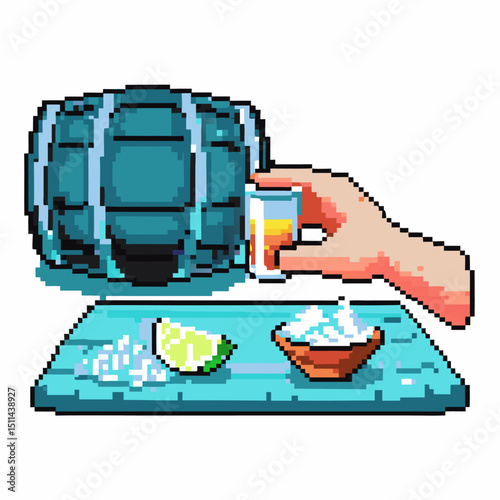 pixel art tequila shot hand holding glass, lime, salt, blue background retro digital drink icon