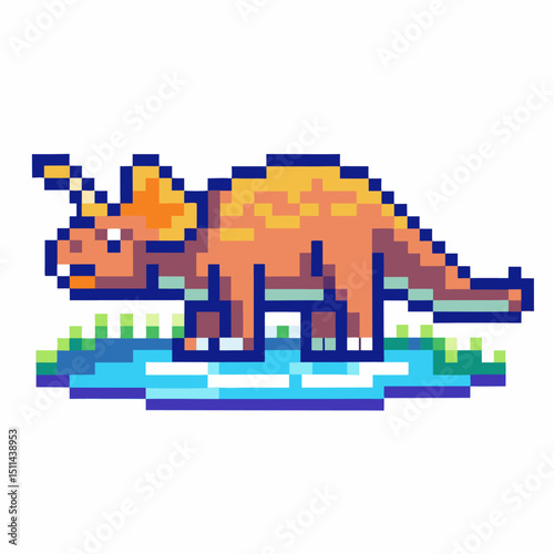 Triceratops in pixel art standing on grass and blue water puddle