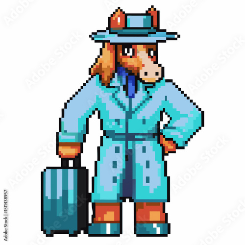 pixel art detective horse character in blue trench coat and hat, holding suitcase retro gaming style, unique equine design