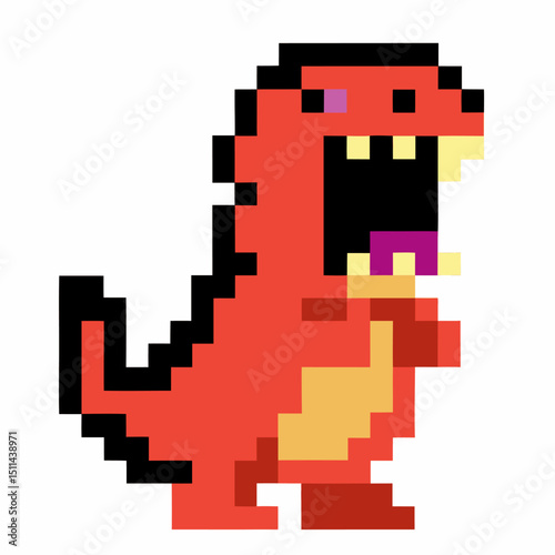 pixelated t rex illustration, retro video game icon, red dinosaur with open mouth and pixels background