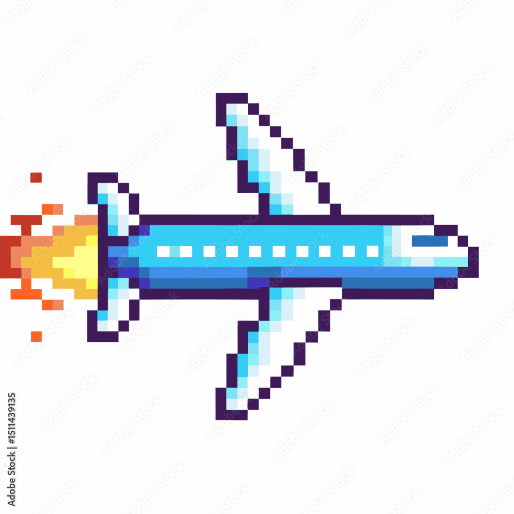 Fototapeta premium Pixel art airplane with fiery exhaust in retro video game