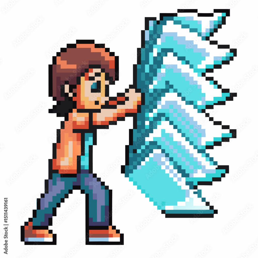Obraz premium Pixel character with ice powers in action pose, retro gaming sprite art