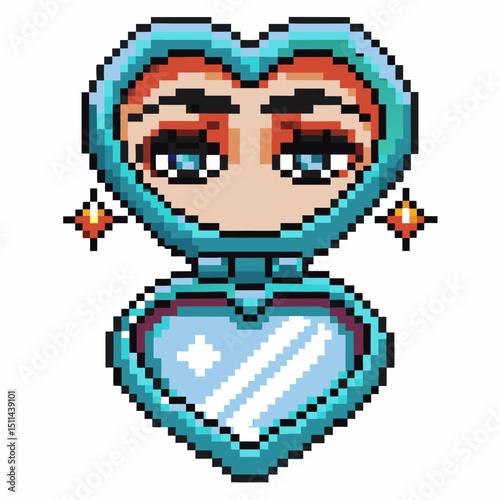 Pixel art heart locket with reflective gem retro design, digital art, vintage jewelry illustration