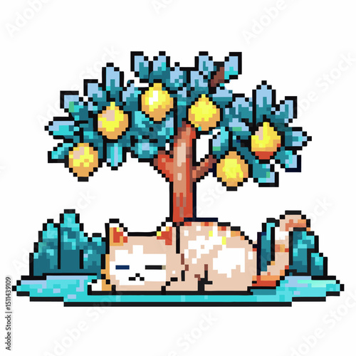 pixel art cat napping under lemon tree peaceful animal scene, bright colors, pixelated illustration