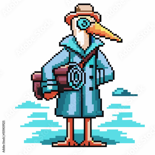 Pixel art stork detective in trench coat and hat, holding a rolled map with clouds
