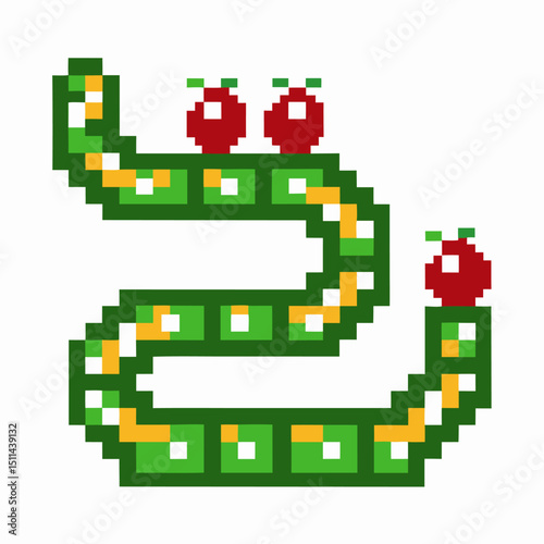 Pixel snake game, green serpent eating apples retro arcade, vintage 8 bit graphics