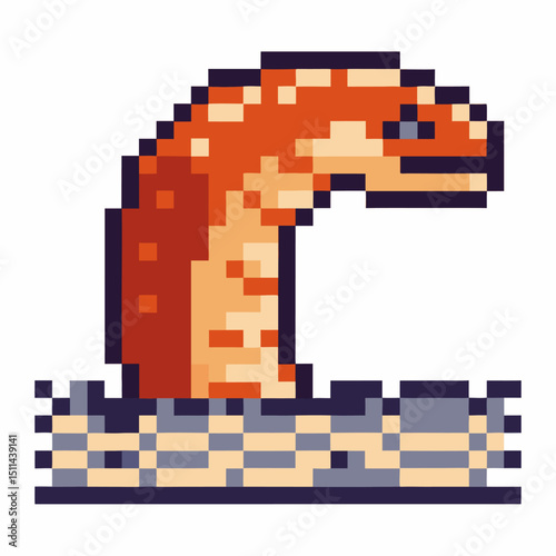 Retro pixel art sea monster, pixelated orange serpent emerging from waves, digital nostalgic gaming icon