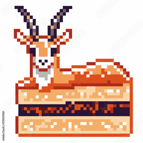 Pixel art gazelle cake antelope design, layered dessert with horns retro, creative fusion