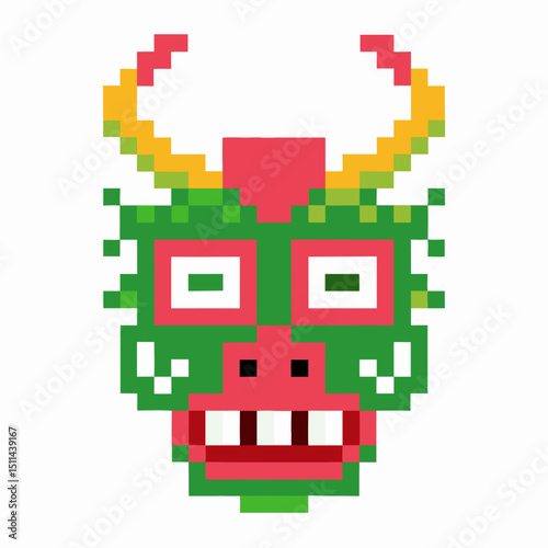 pixelated dragon face in vibrant colors, digital art retro 8 bit mythical creature illustration, playful and creative design