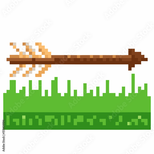 Pixelated arrow flying over green field in retro video game