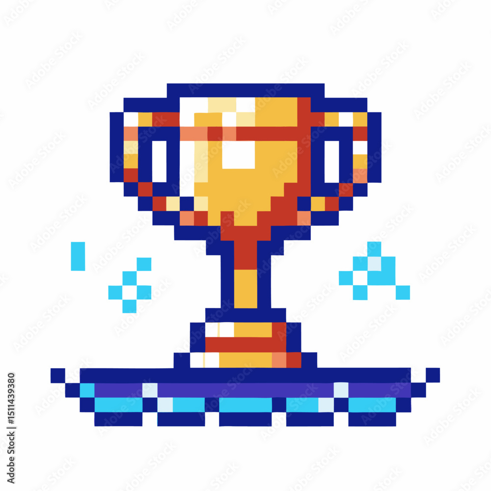 Obraz premium Pixel art golden trophy with sparkles on blue platform, retro gaming victory symbol