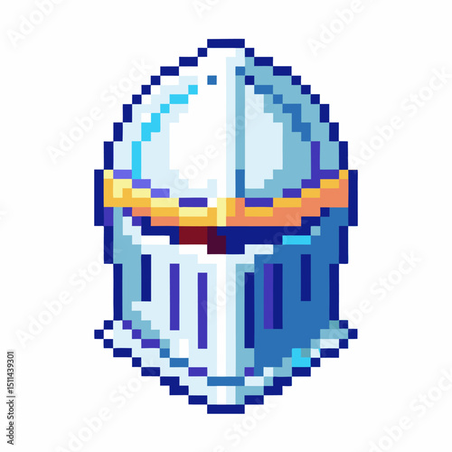 pixel art medieval knight helmet, detailed steel design with gold accents retro gaming armor icon
