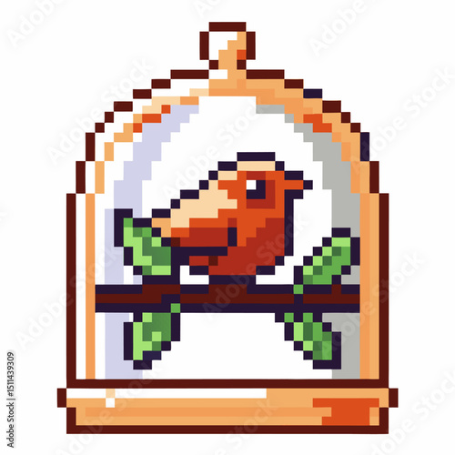 pixelated bird in cage retro digital art with warm colors nostalgic gaming