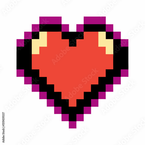 Pixelated heart symbol in retro 8 bit style, vibrant red and black pixels, digital love icon